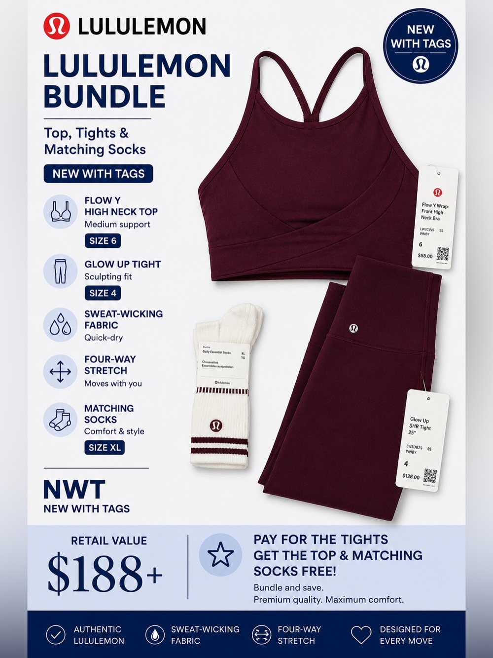 Lululemon Bundle NWT top flow Y bra 6 + glow Up Tight 4 + Socks XL BURGUNDY